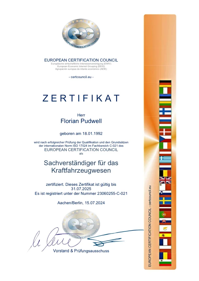 Zertifikat C-021: Personenzertifizierung als Kfz-Sachverständiger nach ISO 17024