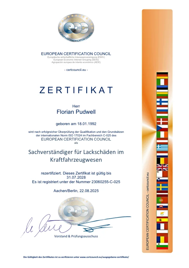 Urkunde der Re-Zertifizierung C-025 nach DIN EN ISO/IEC 17024