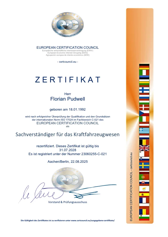 Urkunde der Re-Zertifizierung C-021 nach DIN EN ISO/IEC 17024