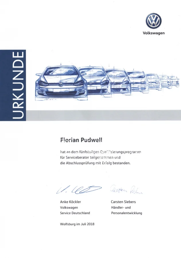 Zertifikat der Volkswagen AG als geprüfter Serviceberater