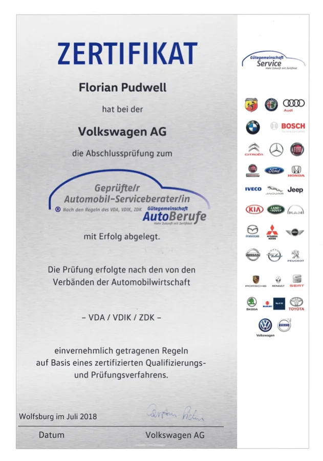 Zertifikat des ZDK als geprüfter Serviceberater